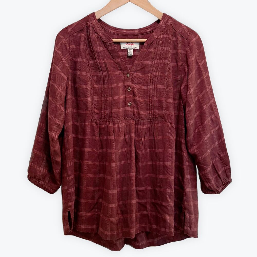 Wrangler Brown Plaid Henley Pintuck Blouse Womens Size S Grunge Western Prairie